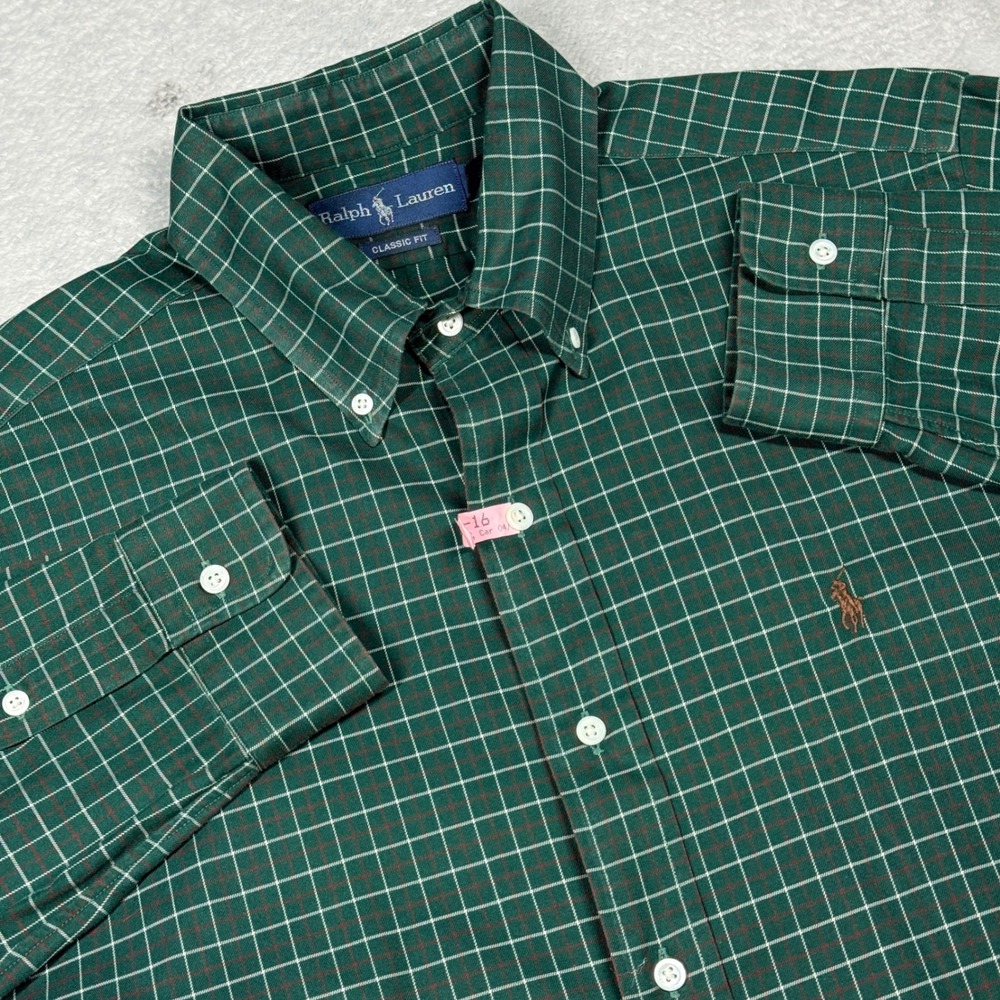 Ralph Lauren Button Down Shirt Mens Large Green Plaid Classic Fit Long Sleeve